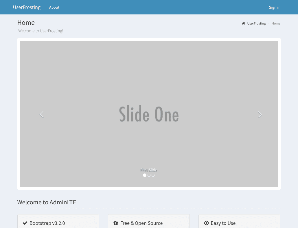 Basic front page of a UserFrosting installation