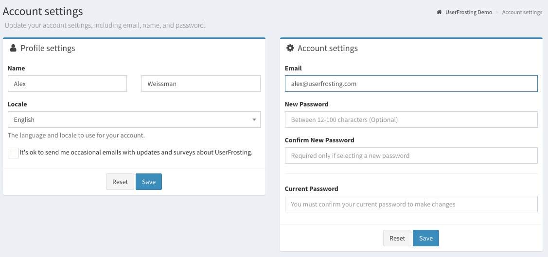 Account settings page