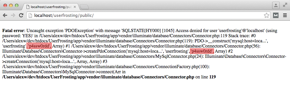 Mysql password dumped to browser in PHP