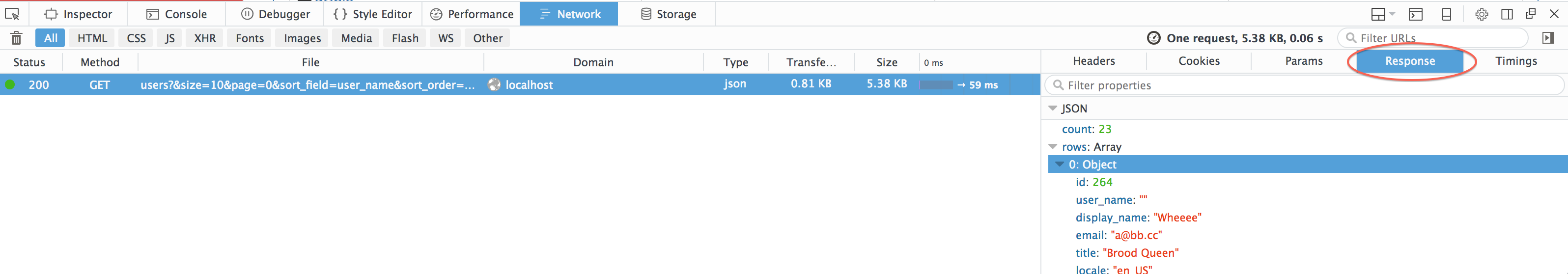 Firefox developer tools - Response tab